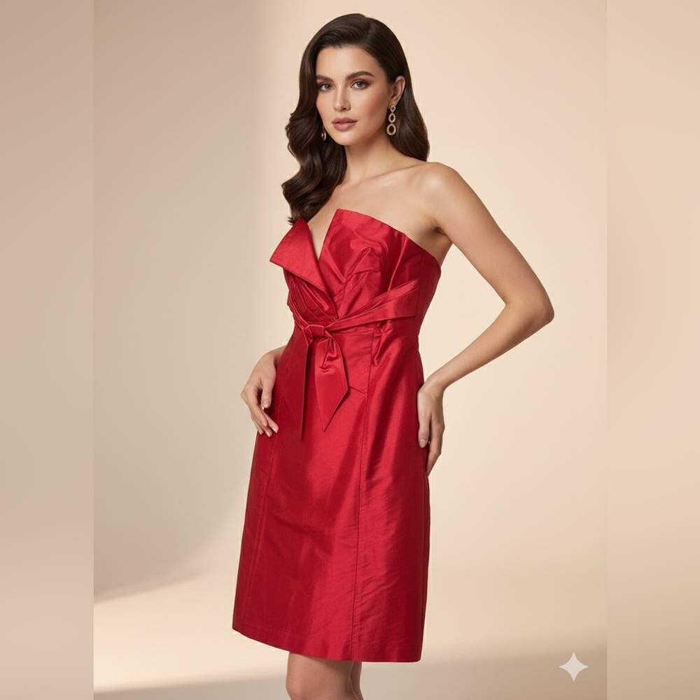 Coren Moore Red Shantung Strapless Bow Dress 6